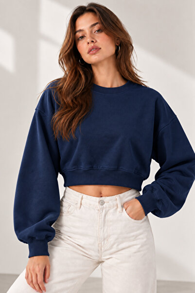 Kadın Crop Sweatshirt Bisiklet Yaka Uzun Kollu Basic Günlük Sweat