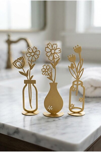 LAZORİAE Set of 3 Gold Metal Vases, Office Decoration, Tabletop Accessory, Bl...