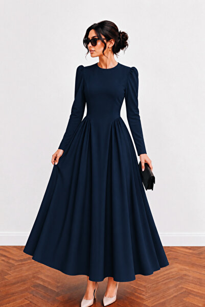 Avakado Vintage Elegance Uzun Kollu Lacivert Belden Oturtmalı Maxi Elbise