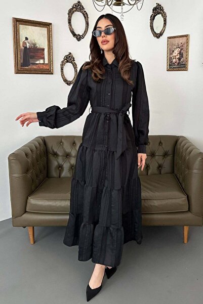 End Black Store Black Belted Striped Patterned Dress