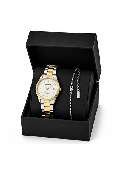 Alain Miller Set Cadou Barbati Ceas Argintiu si Bratara Inox in Cutie Cadou -...
