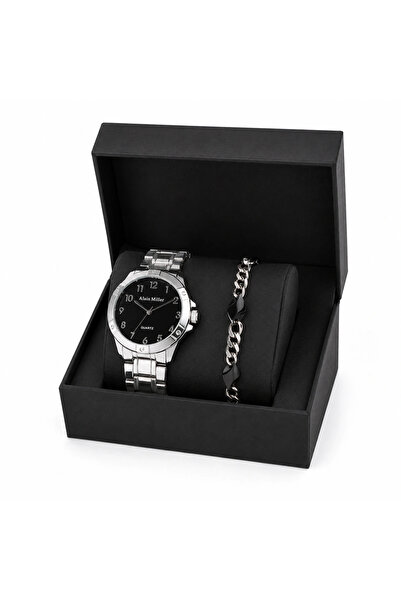 Alain Miller Set Cadou Barbati Ceas Argintiu Cadran Negru si Bratara Inox in ...
