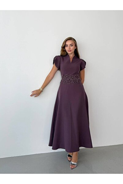Roserella Tekstil ROZA Midi Elbise - Mürdüm
