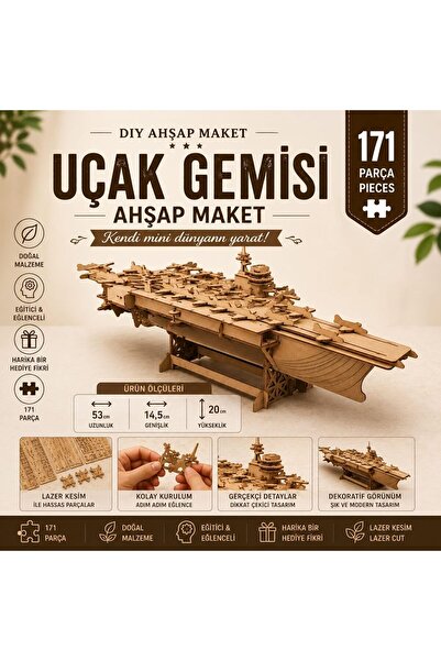 AlgWoodDesign Uçak Gemisi Ahşap Maket Seti 171 Parça – DIY 3D Puzzle Lazer Kesim Deniz Kuvvetleri Ko