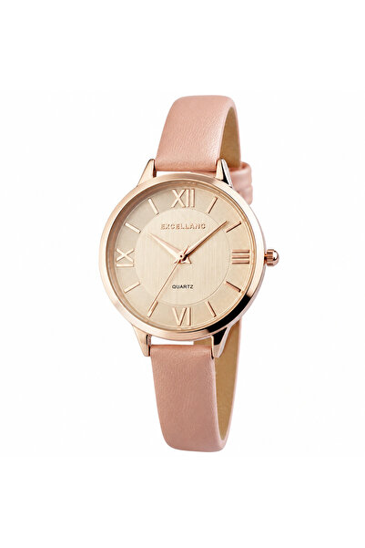 Excellanc Ceas de Dama Elegant Rose Gold Rotund cu Cadran Auriu si Curea Roz