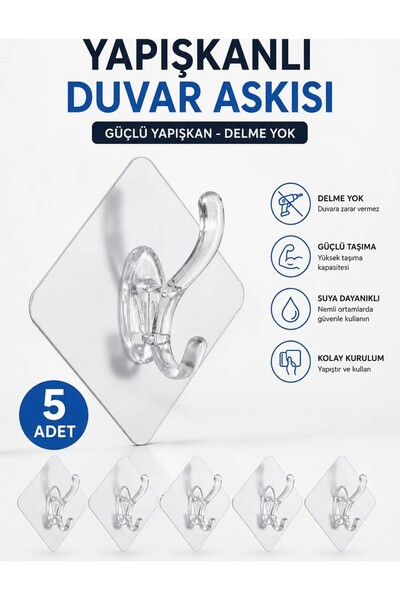 Lataris 5 Adet Şeffaf Kendinden Yapışkanlı Duvar Askısı | Güçlü Yapışkanlı Ba...
