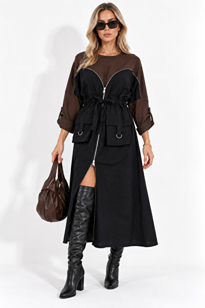 straviera Women's Black and White Zippered Waist Gathered Dress with Pockets