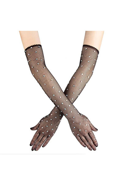 Livenda Black Color Pearl and Diamond Embroidered Mesh Knitted Long Gloves 45 cm