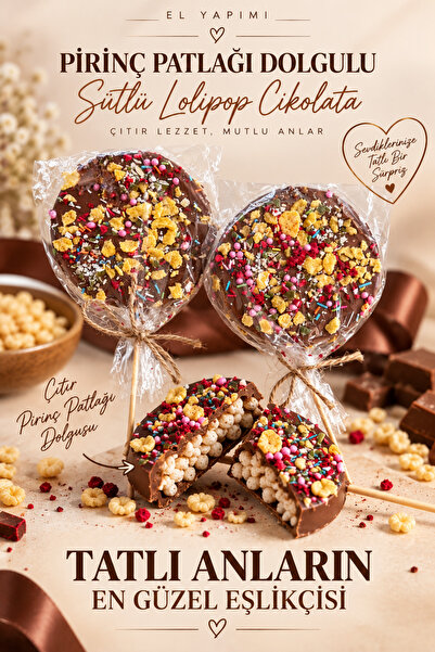 Pirinç Patlaklı Sütlü Çikolata Lolipop 2 Adet 150 g – El Yapımı Belçika Çikolatası, Ekstra Şeker İlavesiz
