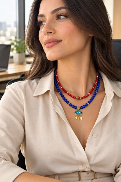Sinem Şanlı Atelier Red & Saks Blue Double Row Natural Stone Necklace – Speci...