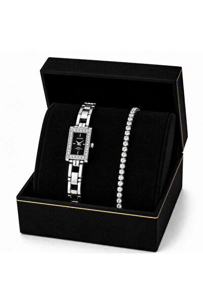 Akzent Women's Gift Set Rectangular Silver Watch and Zirconia Tennis Bracelet...