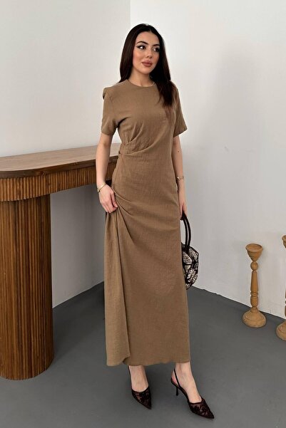 End Black Store Mink Pleated Crew Neck Dress