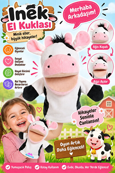 hediyecik İnek El Kuklası Ağzı Hareketli Peluş Kukla Hikaye Anlatma ve Öğretm...