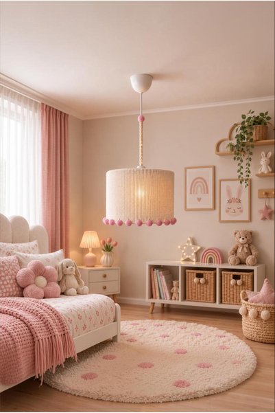 Elizim Home Lighting Lina El Yapımı Makrome Pudra Ponponlu Çocuk Odası - Genç...