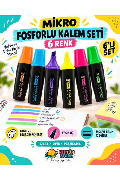 neptünstore قلم تحديد ميكرو نيون ملون - مجموعة أقلام تحديد مكونة من 6 قطع