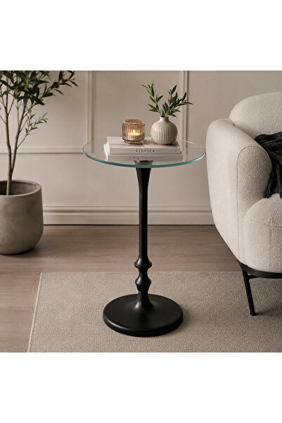MiLi Round service table with transparent glass top and modern black base
