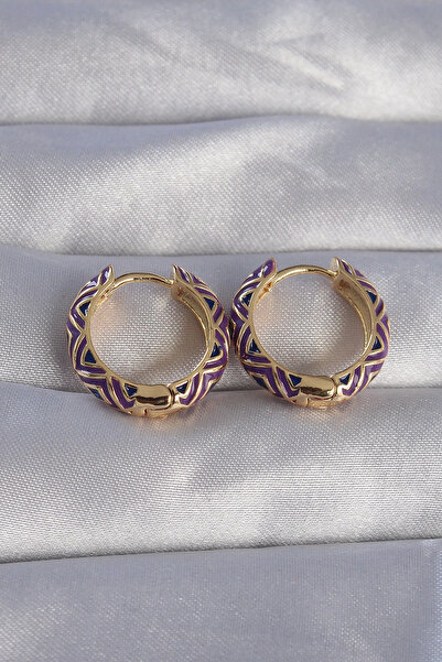 Livenda Brass Gold Color Purple Ethnic Patterned Hoop Earrings Tj-Bkp9076