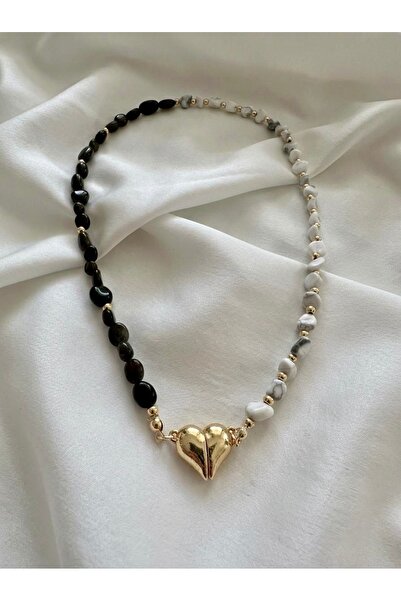 ILSA Siyah Onix ve Beyaz Howlite Doğal Taşlı, Manyetik Kalp Kilitli Kolye