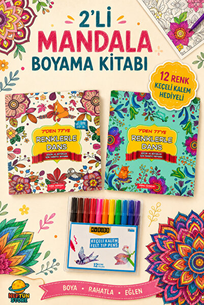 Genel Markalar 2’li Mandala Boyama Kitabı ve 12 Renk Keçeli Kalem Seti – Hobi...