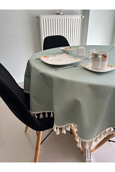 Zeren Home Okrugli stolnjak sa resama i detaljima, otporan na tečnosti, ostrv...