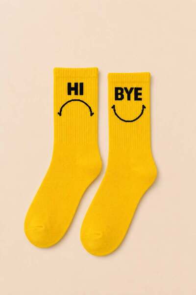 Ka Art Gallery Hi Bye Written Smiling Face Patterned Yellow Unisex Socks