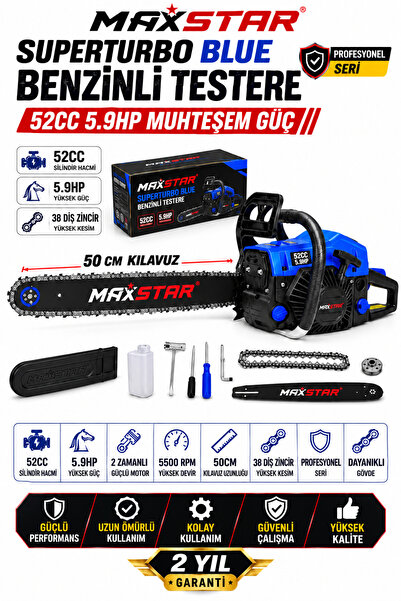 SUPERTURBO Maxstar Blue 52CC 5.9HP Benzinli Motorlu Testere 50 CM Kılavuz 38 ...