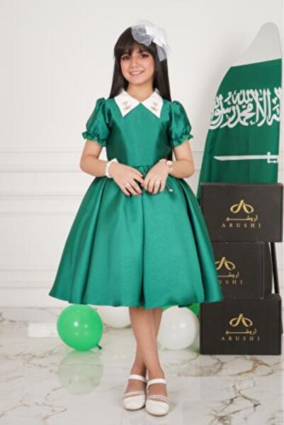zelia فستان جديد للبنات باللون الأخضر لعيد الاستقلال مع ياقة بيضاء -