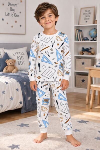 Erkek Çocuk Pamuklu Beyaz Cetvel Kalem Okul Gereçleri Desenli Uzun Kollu Pijama Takımı