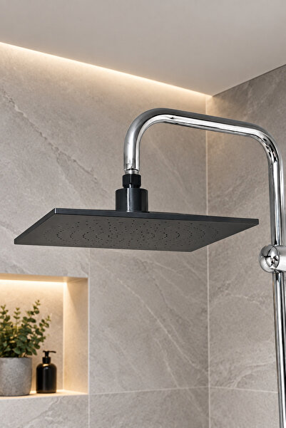 Lmz Design Antrasit Kare Tepe Duş Başlığı Yağmurlama Efektli Basınca Dayanıkl...
