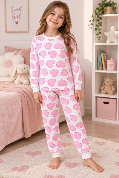 Kız Çocuk Pamuklu Beyaz Pembe Kalp Desenli Uzun Kollu Bisiklet Yaka Pijama Takımı