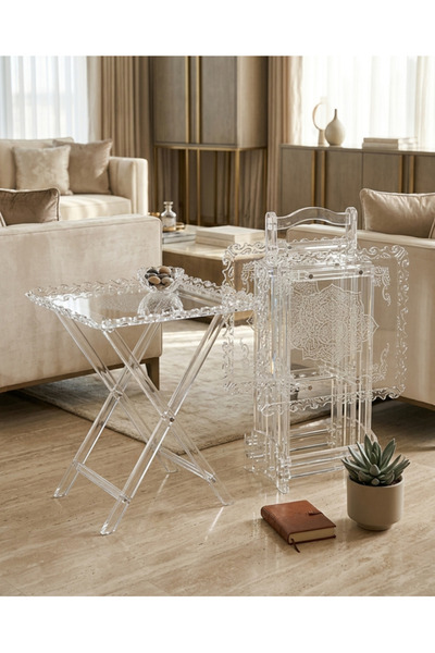 PLUS13 Islamic Engraved Clear Acrylic Mirrored Table Set Luxury Decorations