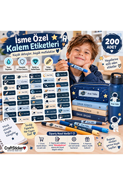 Genel Markalar Uzay Temalı Kişiye Özel İsim Sticker – Suya Dayanıklı Kalem ve...