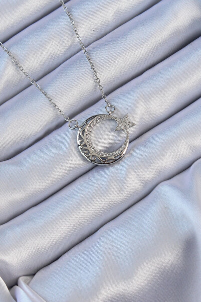 Livenda 316L Steel Chain Silver Color Zircon Stone Motif Moon Star Necklace -...