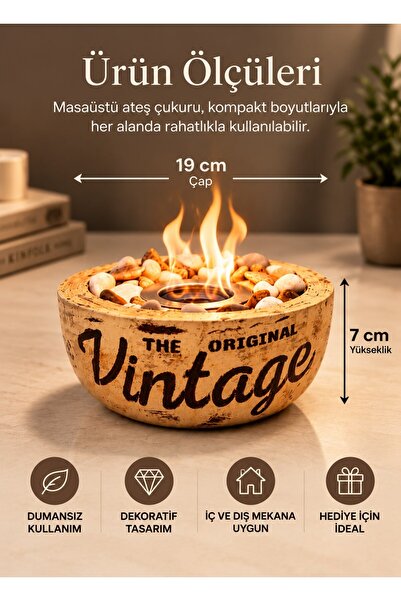 Technow Home-300 Vintage Eskitme Desen El Yapımı Masa Şöminesi Ateş Çukuru (200ml Bioetanol)