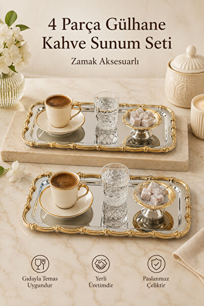 4 Parça 2 Kişilik Zamak Aksesuarlı Gold Detaylı-Gümüş Paslanmaz Çelik Kahve Sunum-İmramlık Set