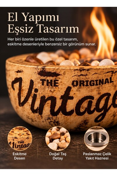 Technow Home-300 Vintage Eskitme Desen El Yapımı Masa Şöminesi Ateş Çukuru (200ml Bioetanol)