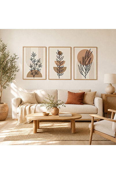 RDEKOR Botanik Yaprak Çizim Modern Bohem 3 Parça Çerçeveli Duvar Tablosu - R0170