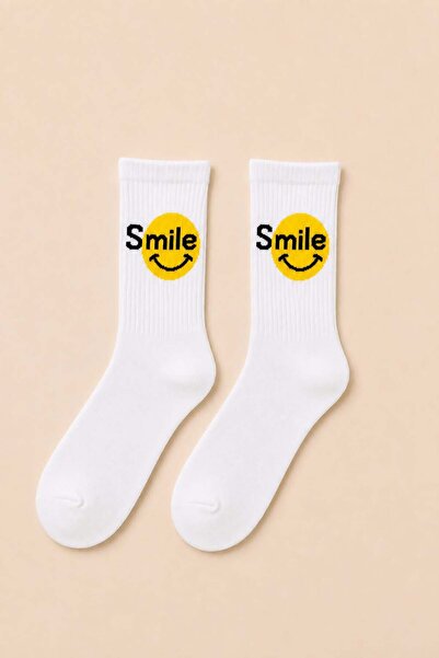Ka Art Gallery Бели унисекс чорапи с десен на усмихнато лице и надпис  "Smile "