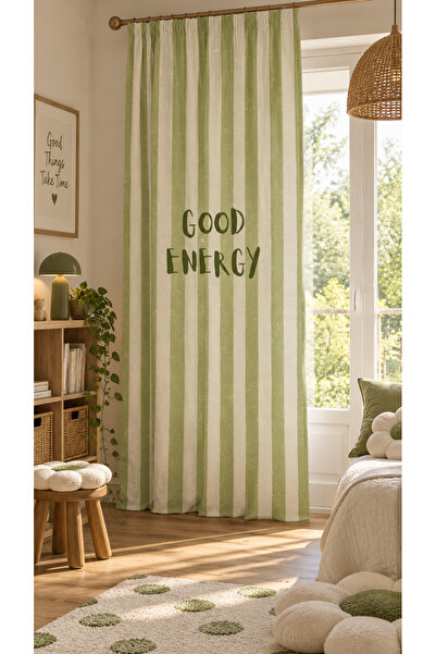 ALAMODECOR Yeşili Çizgili Good Enerji Yazılı Tek Kanat Fon Perde - Kornişle U...