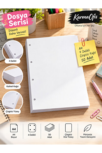 KarmaOfis A4 4-Hole Unlined Paper |   50 Pieces Optional
