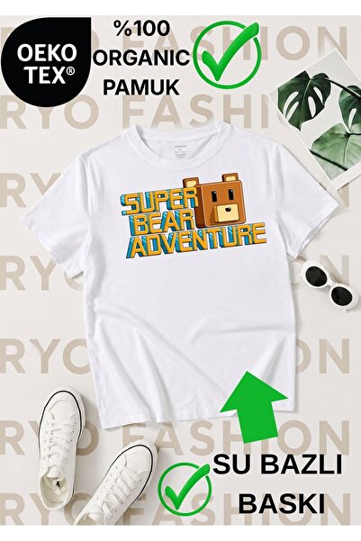 RYO FASHİON Super Bear Game Character Pattern Printed 100% Organic Cotton Whi...