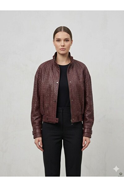 Luxus Geaca piele BT, model impletit , BORDO