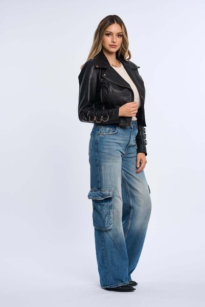 Luxus Geaca din piele naturala cu imprimeu croco neagra