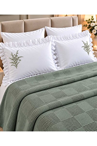İK TEKSTİL Olive Waffle Dokulu Nakışlı Fırfırlı %100 Pamuk 6 Parça Çift Kişil...