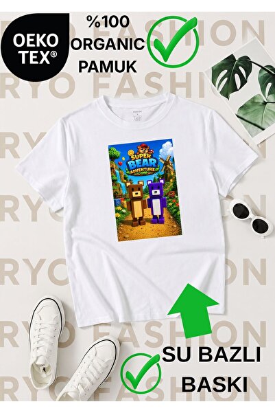 RYO FASHİON Super Bear Game Character Pattern Printed 100% Organic Cotton Whi...