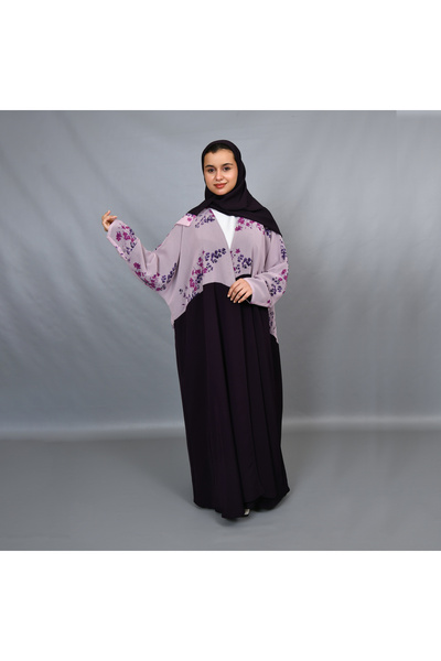 HAWRAA ABAYA عباية بنفسجي داكن بقصة تباين وطبعة أزهار الخزامى