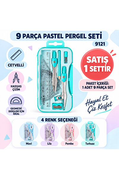 Art Tone Profesyonel Pastel Pergel Seti – Cetvelli, Kutulu 9 Parça Geometri S...