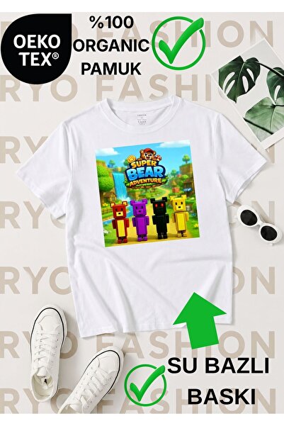 RYO FASHİON Super Bear Game Character Pattern Printed 100% Organic Cotton Whi...