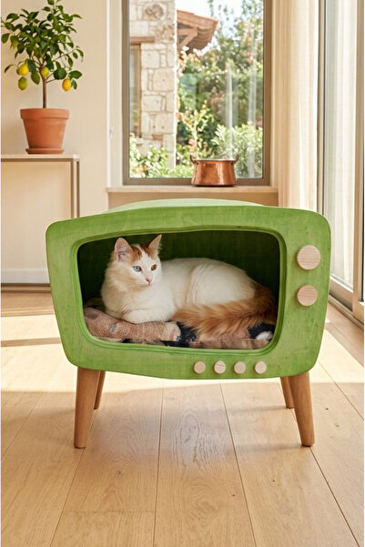 El Yapımı Ahşap Retro TV Kedi Evi Fıstık Yeşili Vintage Kedi Yatağı Dekoratif Pet Mobilyası