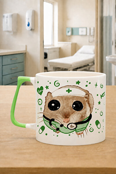 Kırtasiye Ofisi Sad Üzgün Hamster Hemşire Baskılı Yeşil Kulplu Prime Kupa